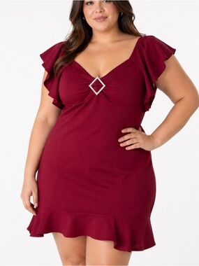 Derek Heart dress flutter sleeve deep rose red NEW knee length Rhinestone SZ L